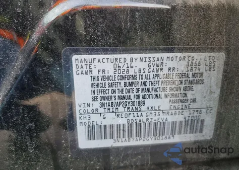 2016 Nissan Sentra S из США, поврежденный, VIN 3N1AB7AP2GY301889